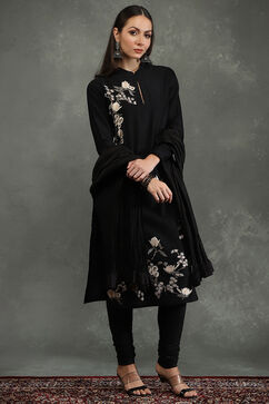 Rohit Bal Black Silk Chanderi Floral Straight Suit Set image number 5
