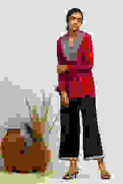 Berry Red Embroidered A-Line Kurti image number 5