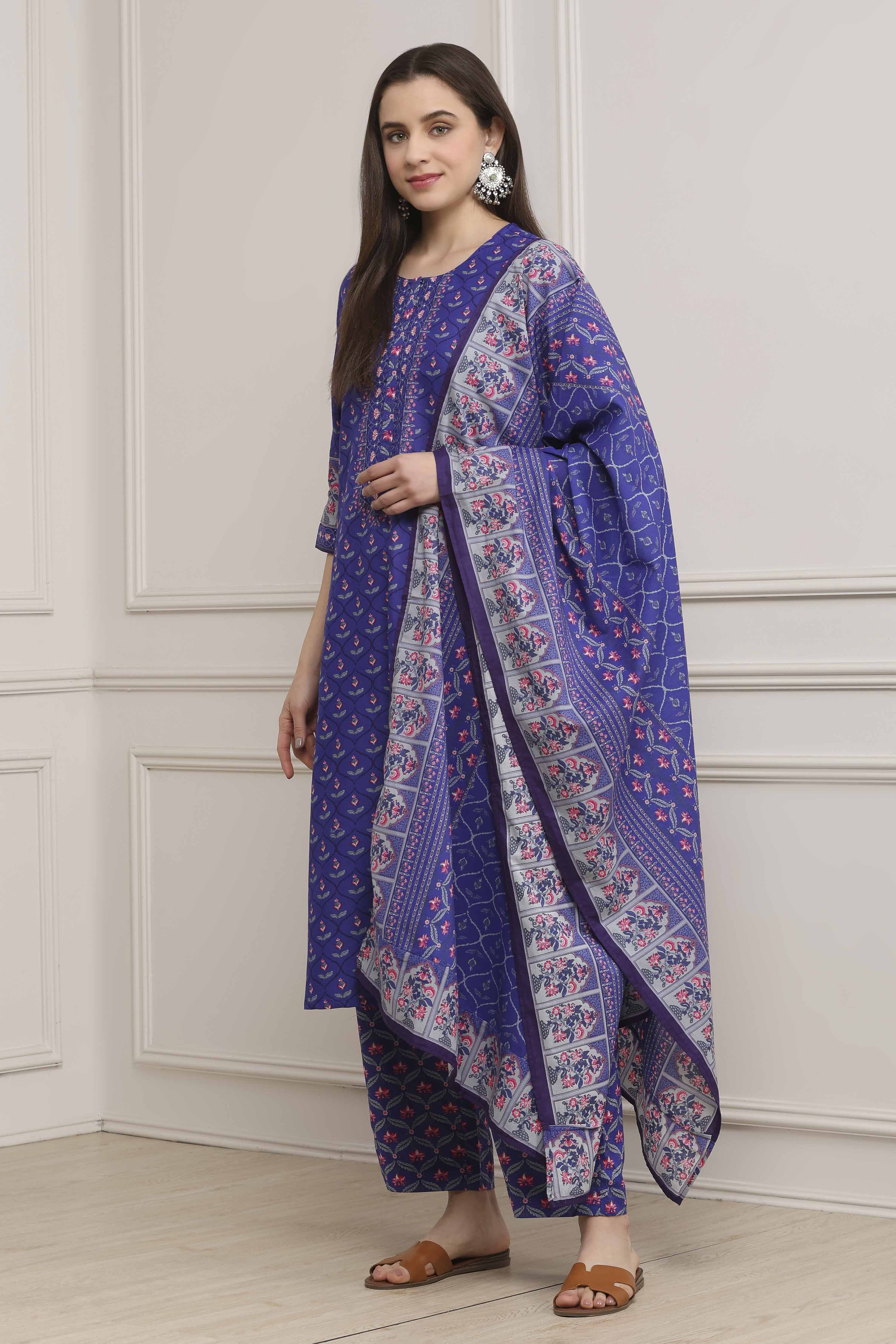 Blue Cotton Straight Suit Set image number 3