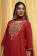 Red Solid Rayon Embroidered Yoke Kurta Set image number 1