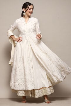 Off White Cotton Anarkali Kurta Skirt Suit Set image number 7