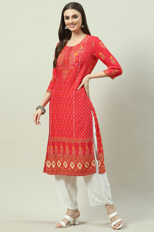 Red LIVA Straight Printed Kurta image number 0