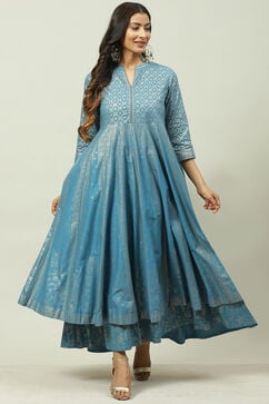 Blue Cotton Flared Fusion Printed Kurta Dress image number 0