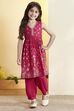 Pink Cotton Printed Gathered Kurta Pants Set image number 6