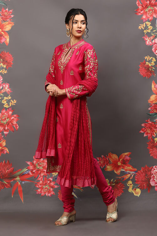 Rohit Bal Fuschia Cotton Blend Straight Kurta Suit Set image number 5