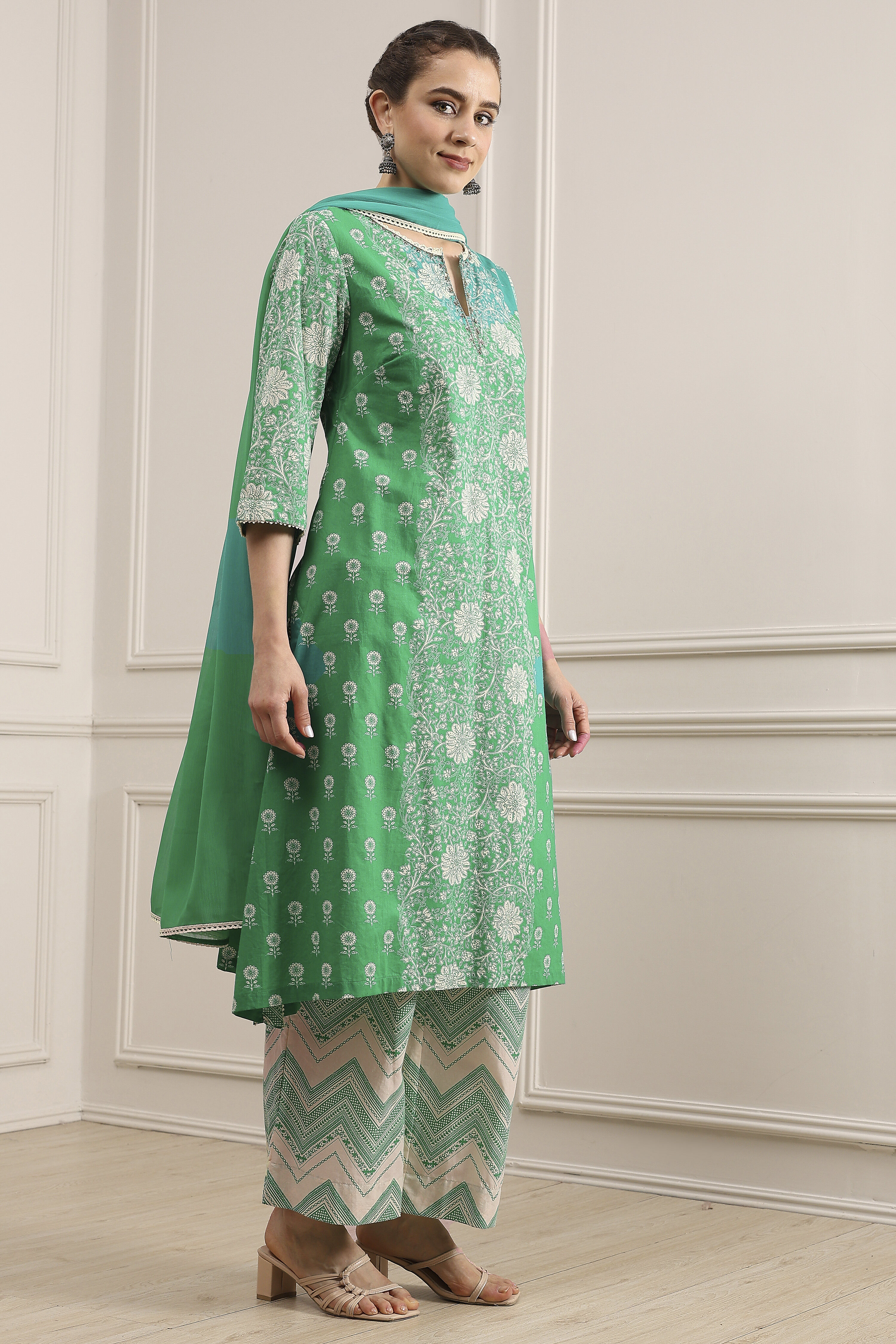 Sea Green Cotton Printed A-Line Suit Set image number 5