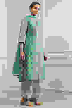 Sea Green Cotton Printed A-Line Suit Set image number 5