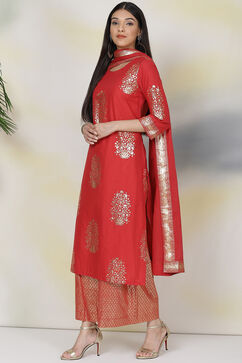 Red Straight Cotton Straight Kurta Palazzo Suit Set image number 4