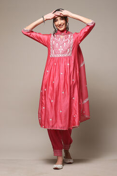 Bright Pink Cotton Blend Layered Kurta Salwar Suit Set image number 8