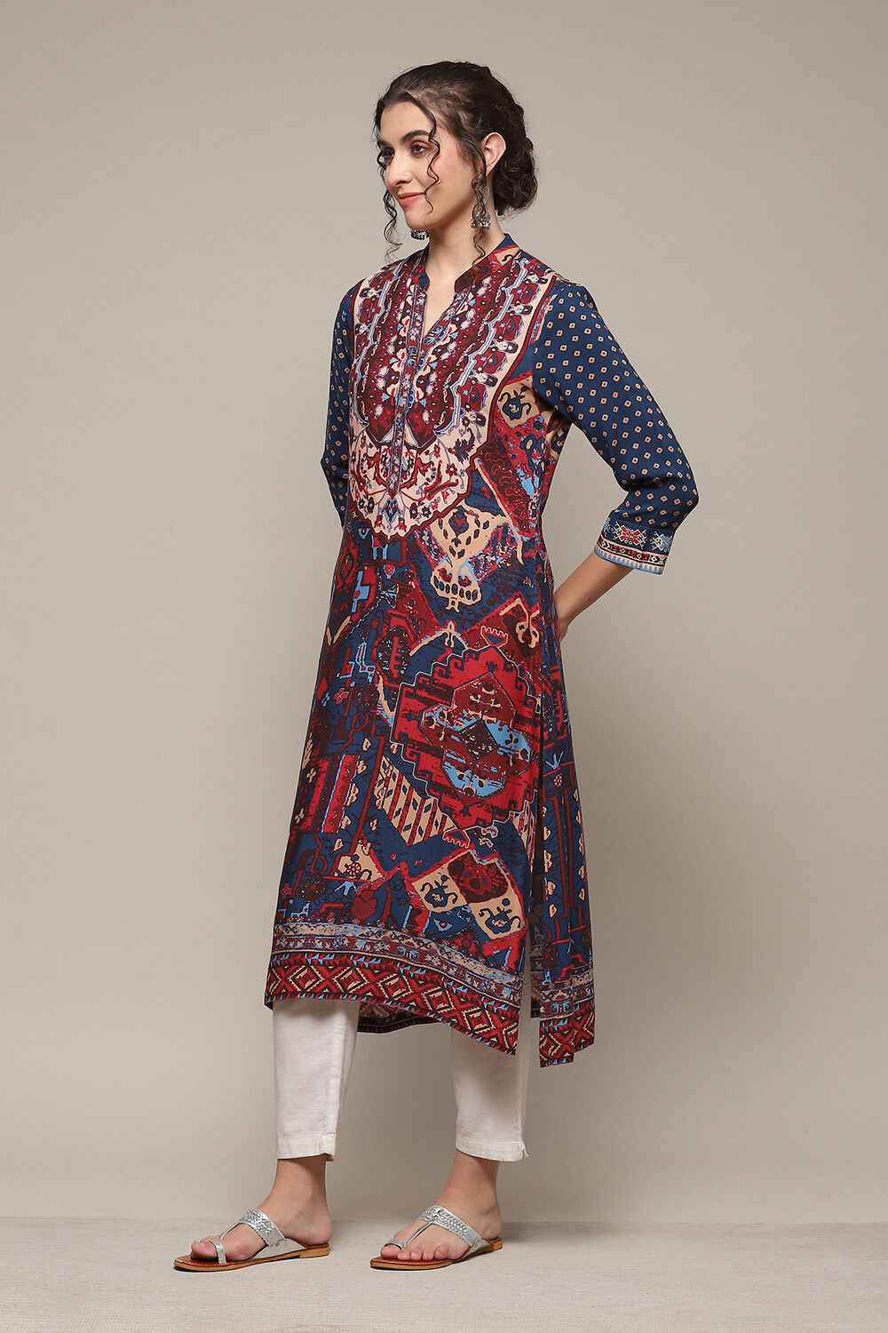 Teal LIVA Straight Printed Kurta image number 2