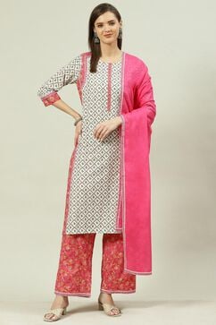 Off White Printed Cotton Straight Suit Set image number 0
