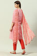 Red Printed Cotton Straight Kurta Slim Pant Suit Set image number 4