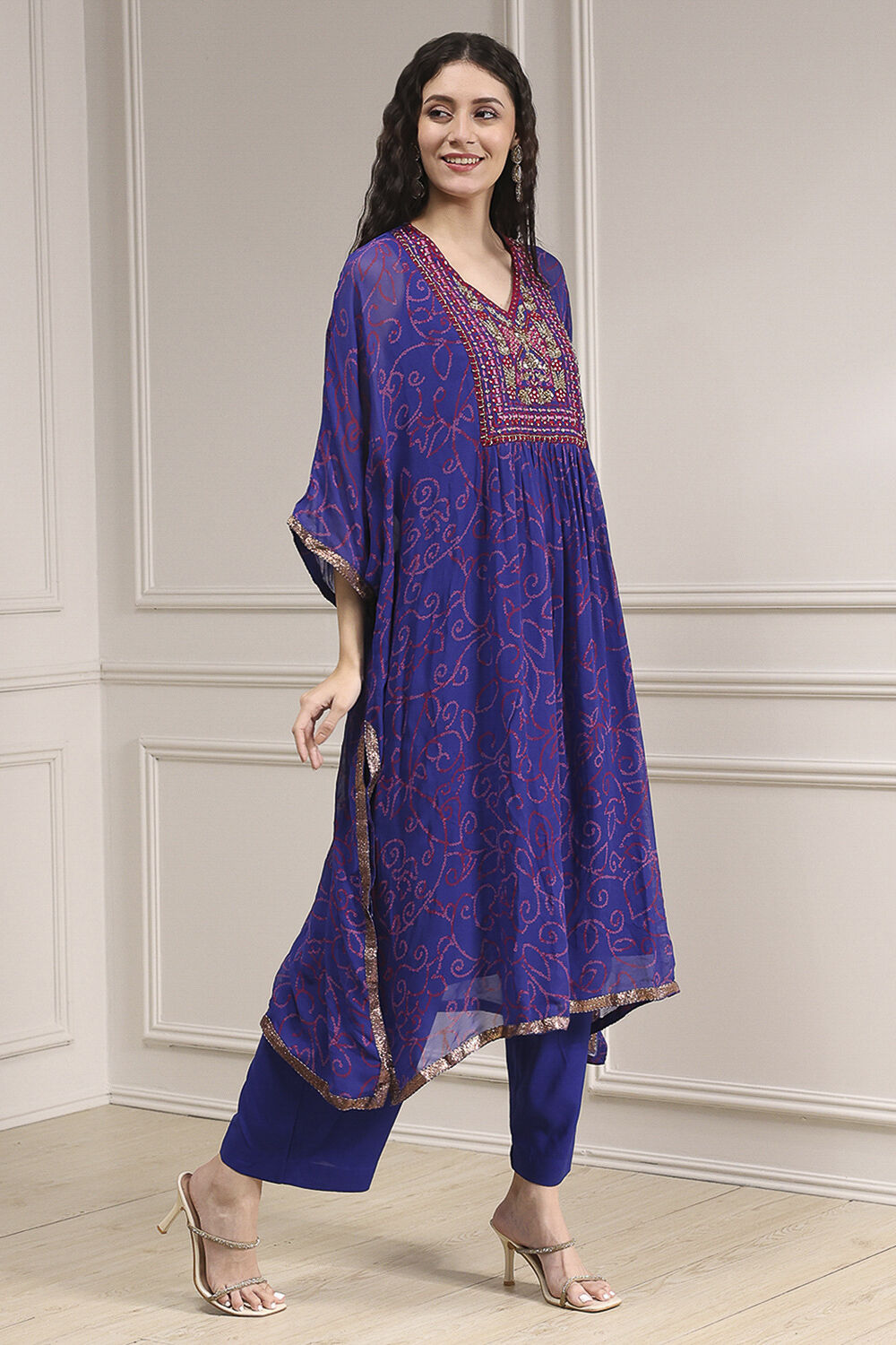 Purple Printed Kaftan Style Kurta Set image number 5