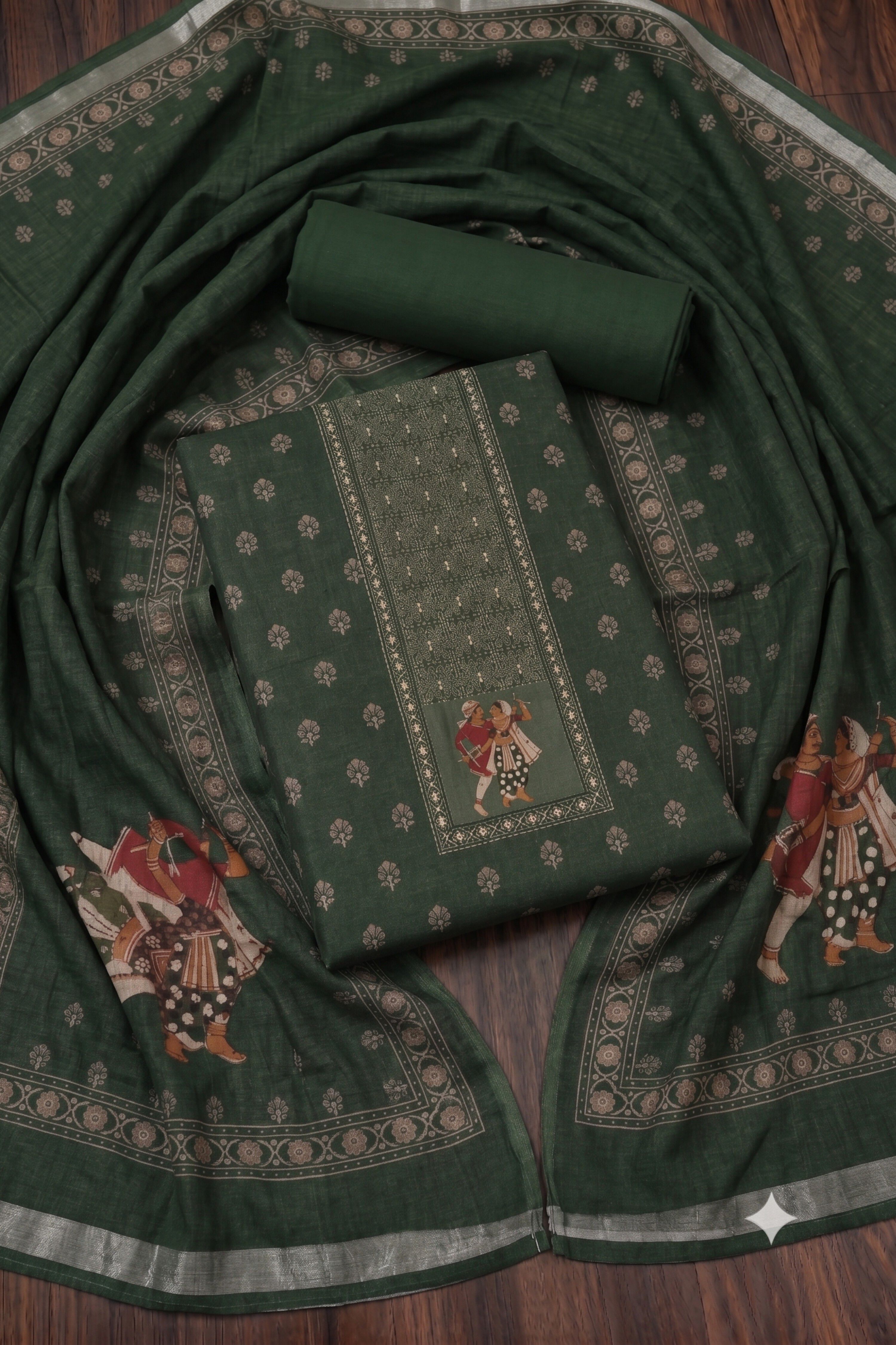 Brown Linen Hand Work With Rajasthani Print Unstitched Suit Set image number 0