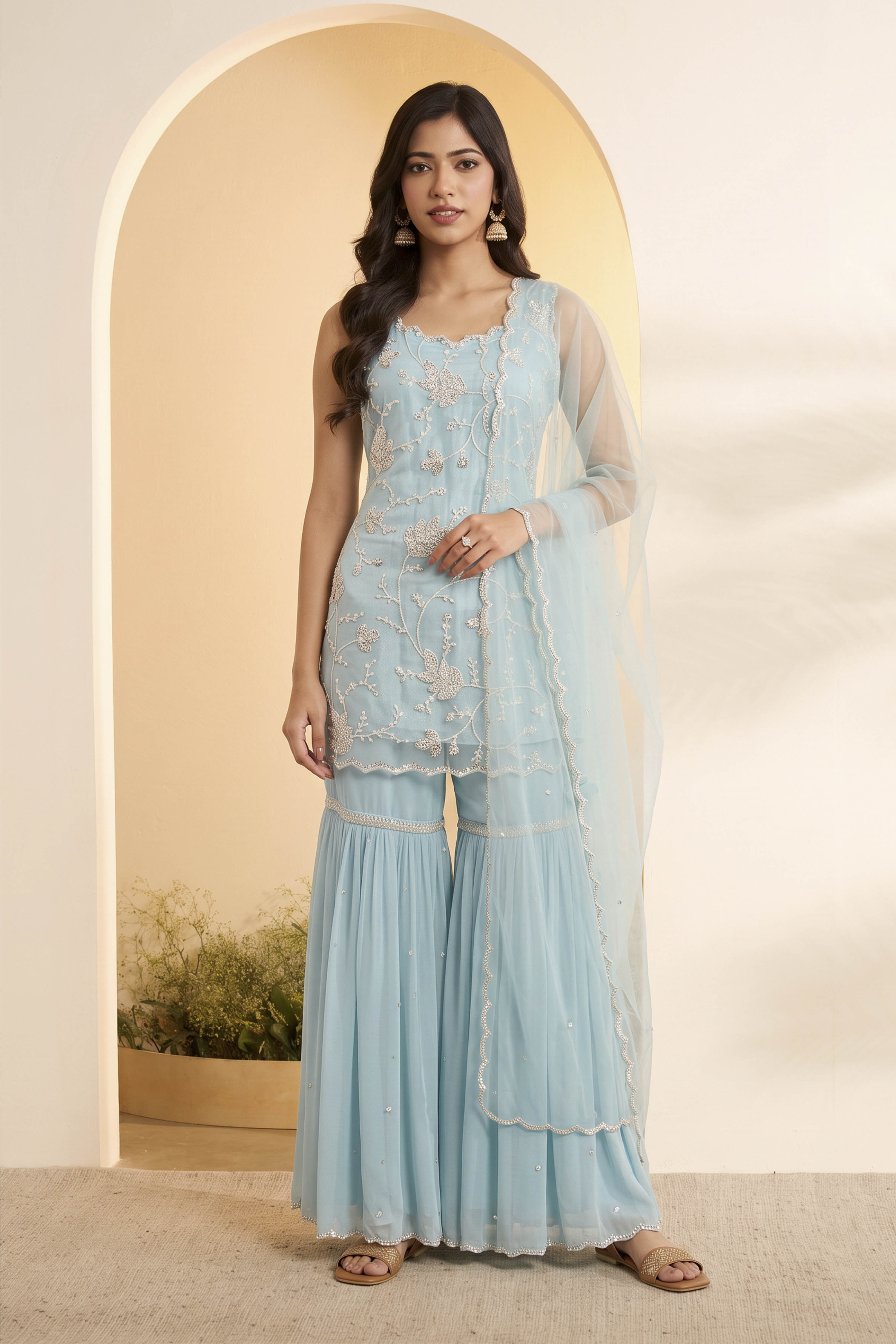 Powder Blue Nylon Embroidered Sharara Set with Net Dupatta image number 5