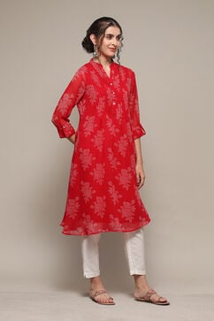 Red Polyester Straight Printed Kurta image number 5