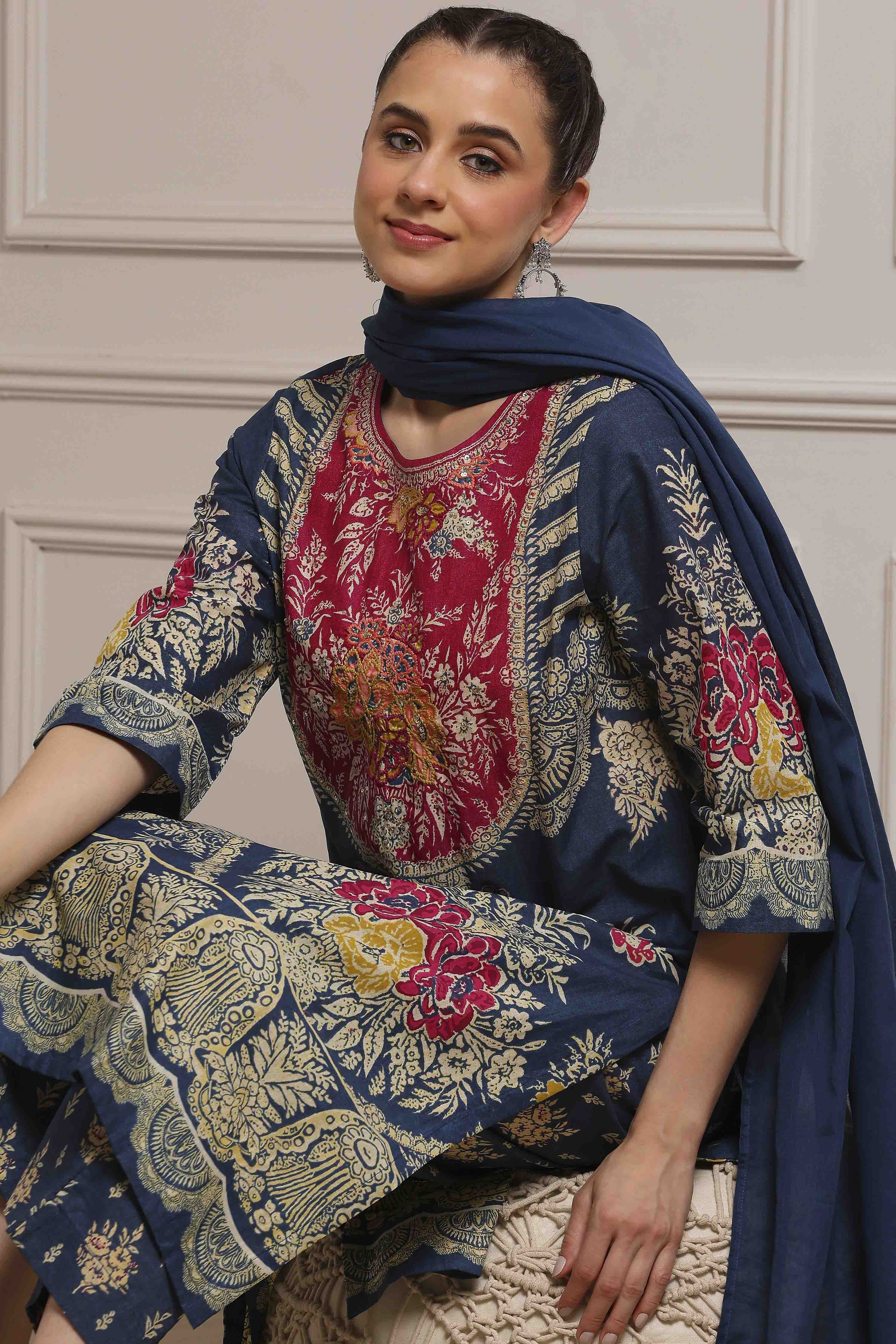 Blue Cotton Printed Straight Suit Set image number 6