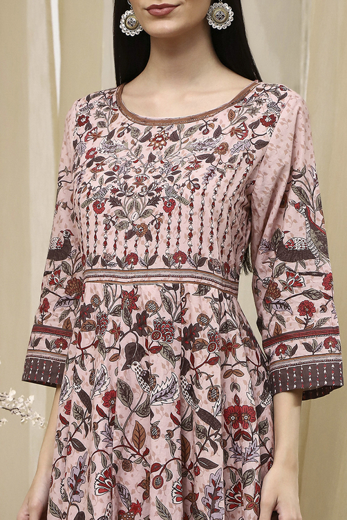 Beige Cotton Anarkali Printed Kurta Suit Set image number 1