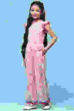 Pink Printed Rayon Slub Jumpsuit With Flutter Sleeves image number 2