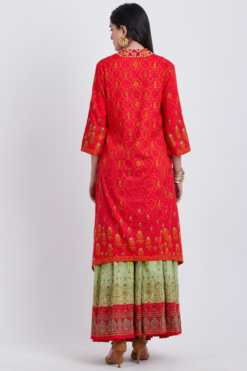 Red Metallic Cotton A-Line Printed Kurta image number 5