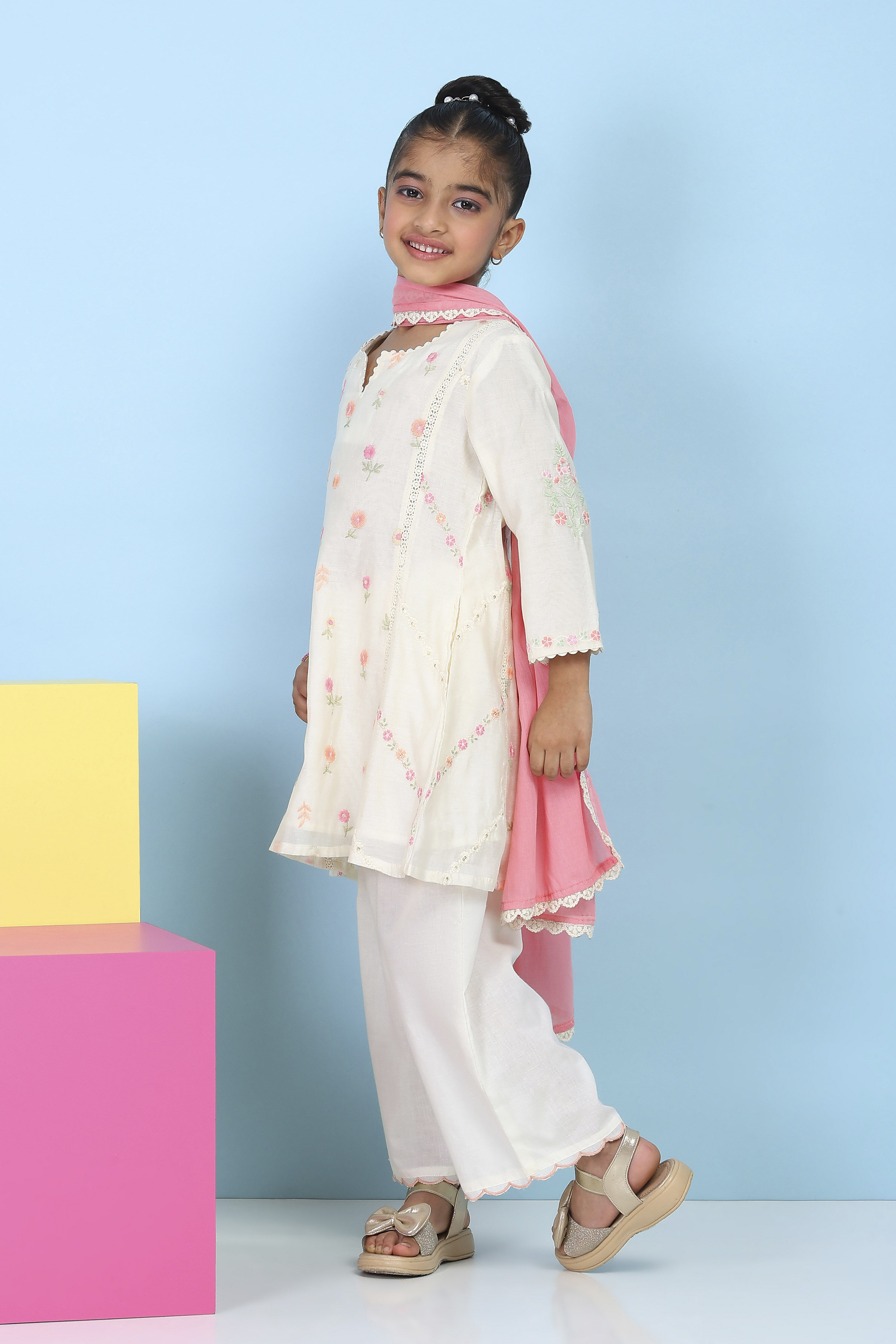 White Poly Chanderi Floral Printed A-Line Suit Set image number 3