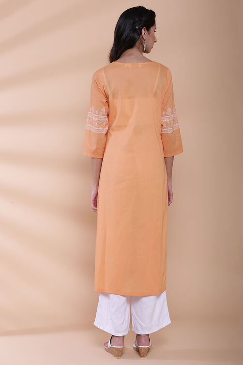 Orange Cotton Chikankari Embroidered Kurta image number 6