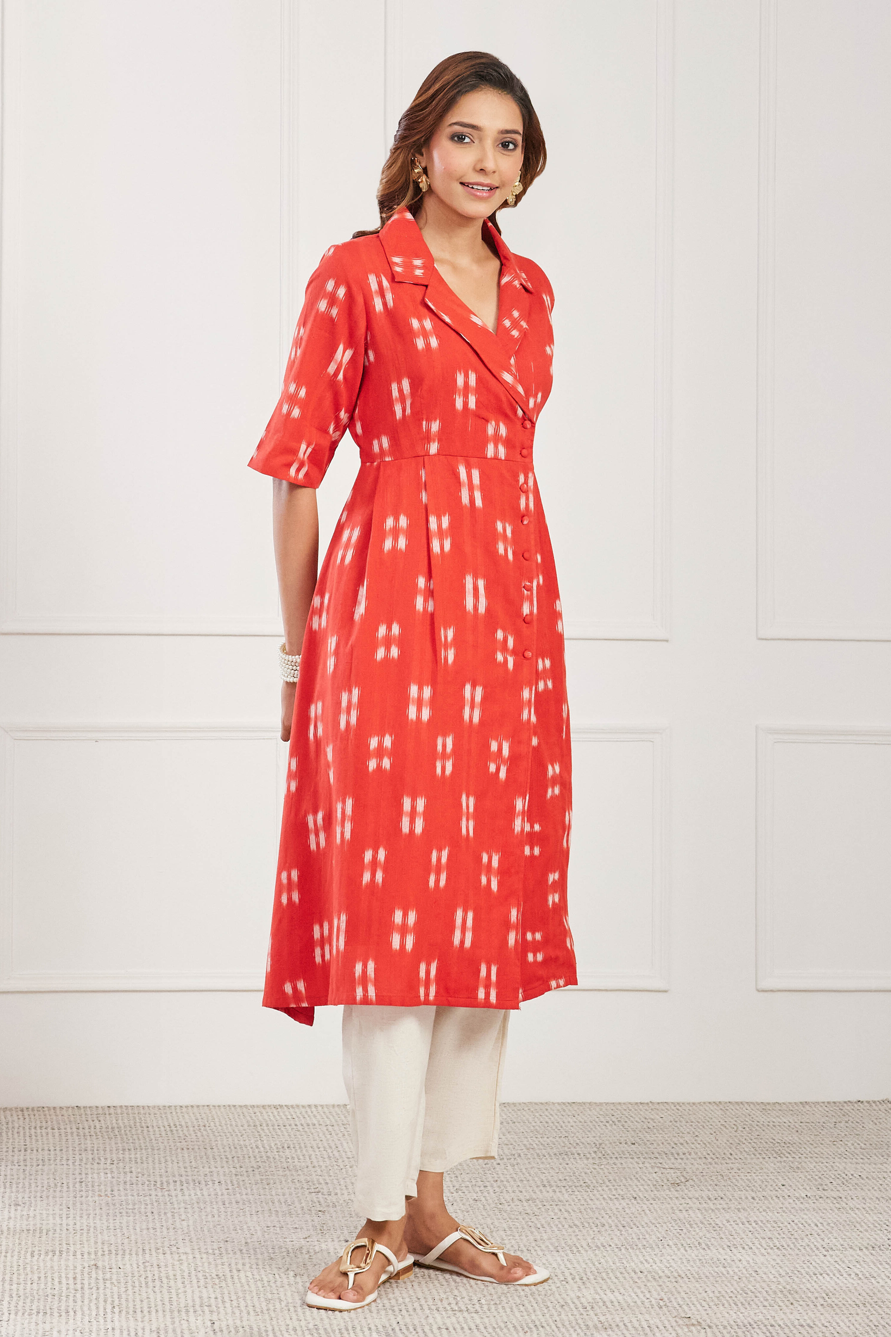 Red Cotton A Line Kurta image number 4