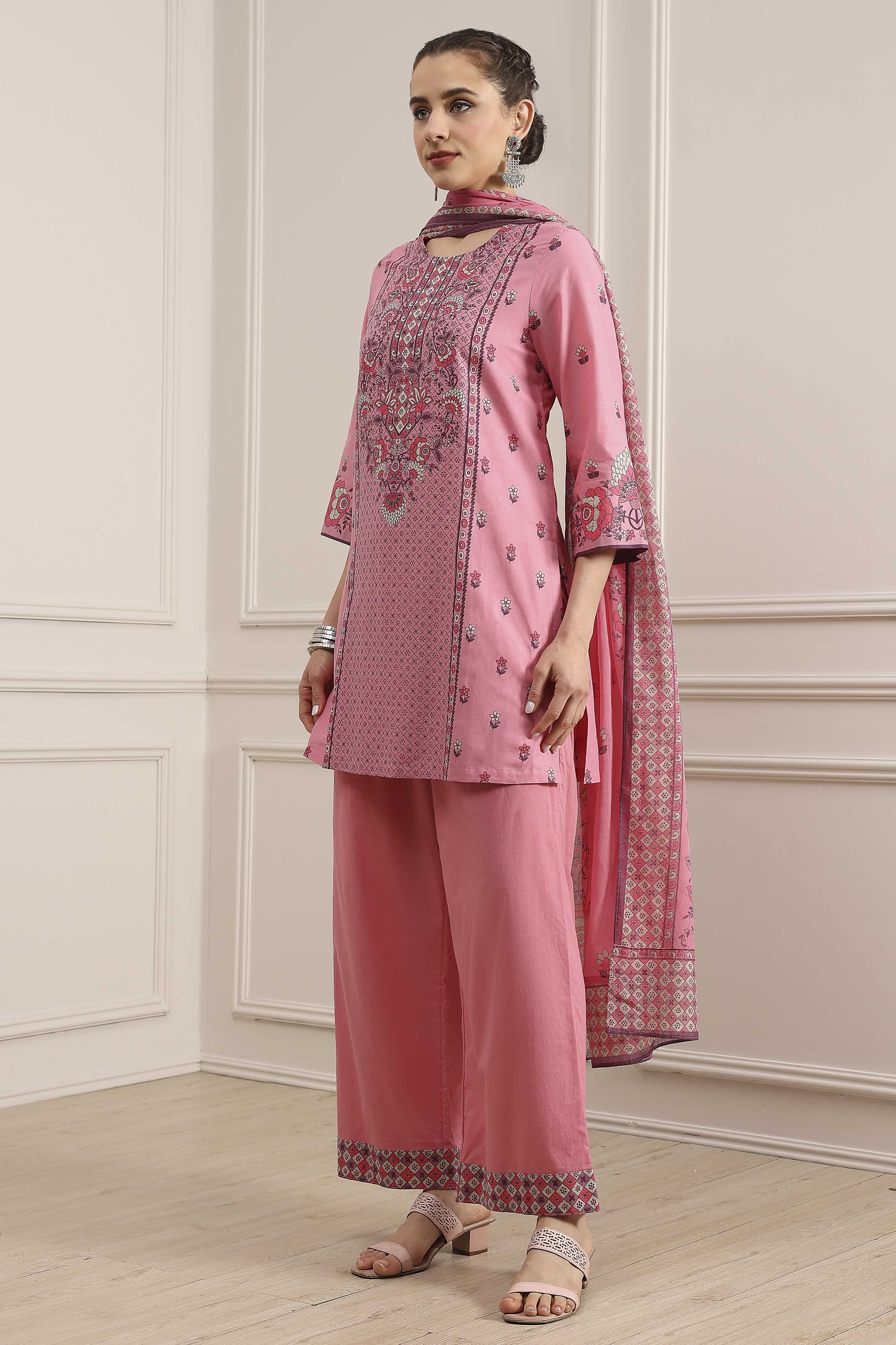 Light Pink Cotton Straight Suit Set image number 3