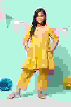 Yellow Polyester Flared Solid Kurta Palazzo Suit Set image number 7