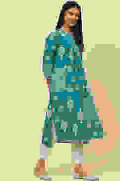 Green Cotton Straight Kurta image number 3