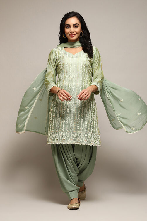 Green Chanderi Printed Unstitched Suit Set image number 1