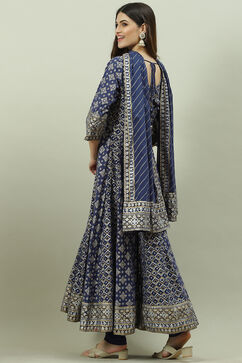 Navy Blue Cotton Anarkali Kurta Churidar Suit Set image number 4