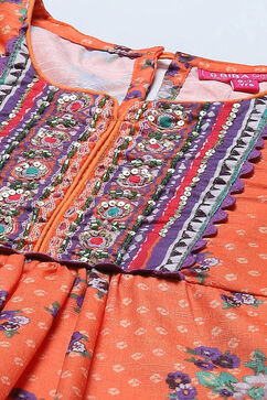 Orange Polyester Gathered Printed Suit Set image number 1