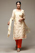 Mustard Chanderi Machine Embroidered Unstitched Suit Set image number 1