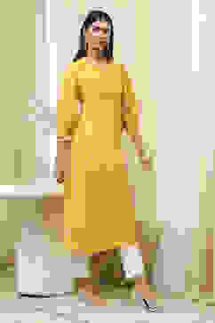Mustard Yellow Modal Printed A-Line Kurta image number 4