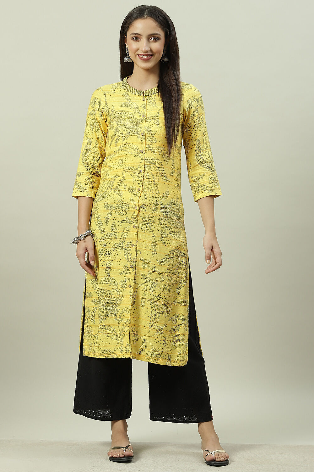 Yellow Rayon Front Open Printed Kurta image number 5