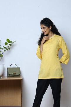 Yellow Cotton Flax Solid Kurti image number 4