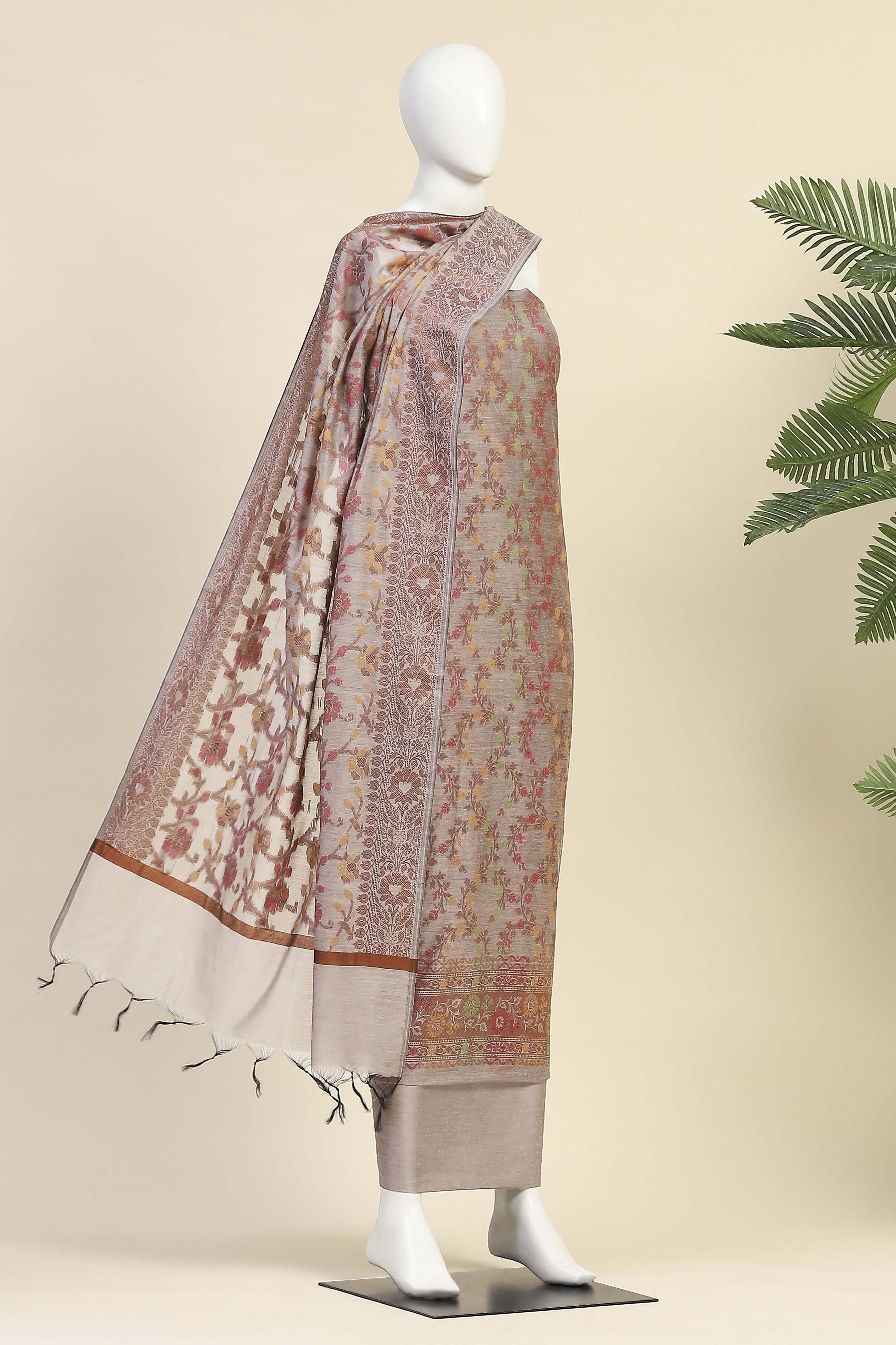 Grey Cotton Printed Embroidered Unstitched Suit Set image number 4