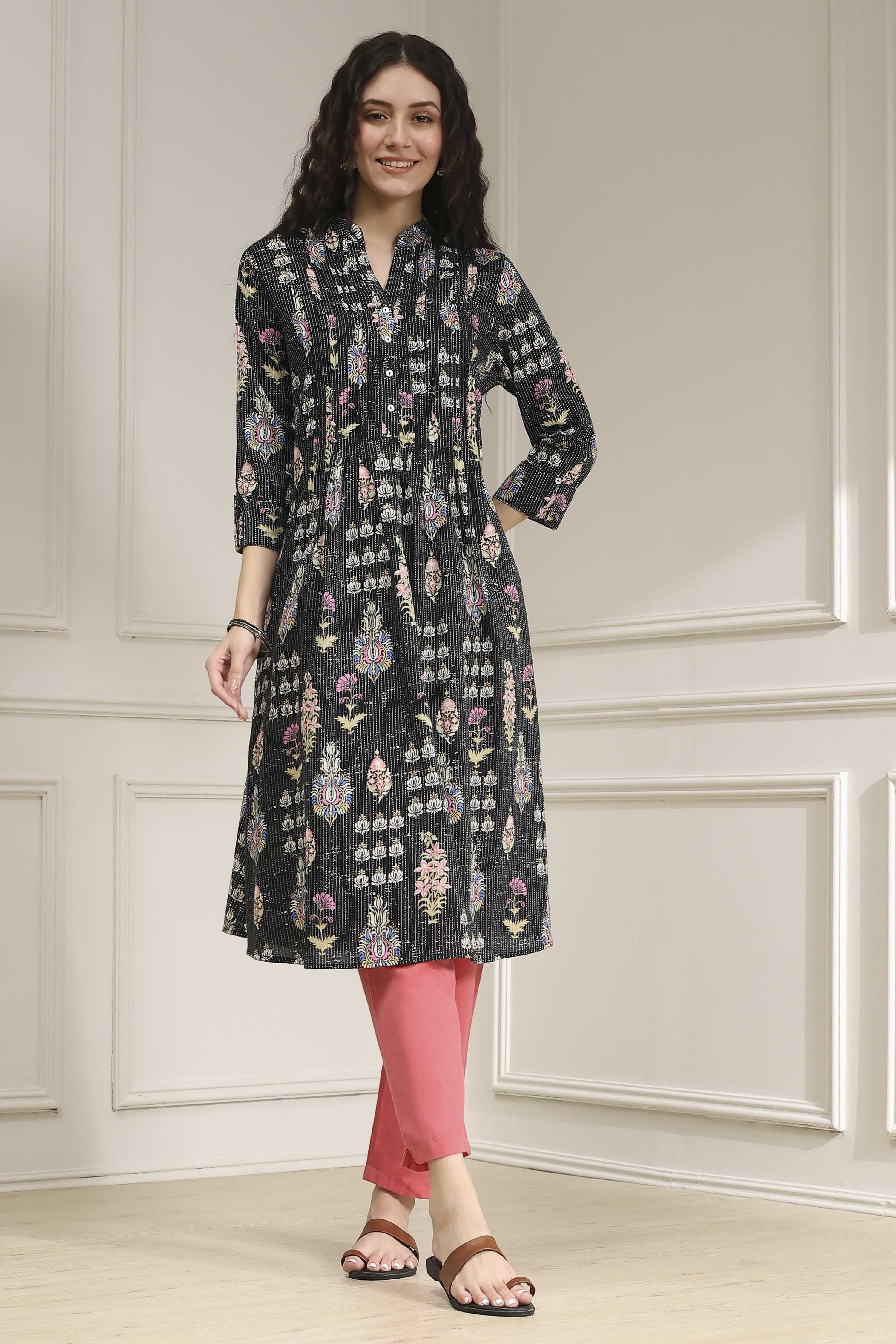 Black Cotton Printed A-Line Kurta image number 5