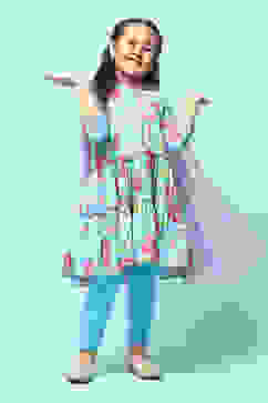 Turquoise Cotton Tiered Printed Suit Set image number 7