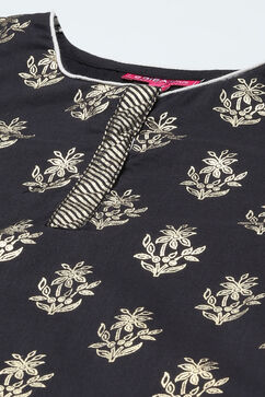 Black Cotton Straight Printed Kurta Patiyala Salwar Suit Set image number 1