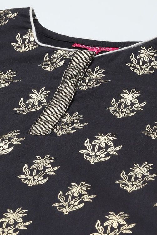 Black Cotton Straight Printed Kurta Patiyala Salwar Suit Set image number 1