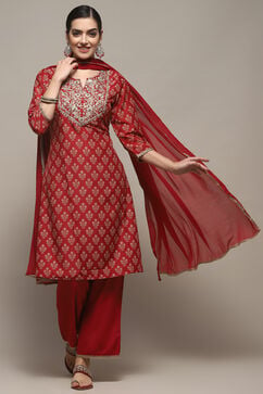 Red Rayon Straight Suit Set image number 0