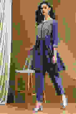 Indigo Cotton Printed Gathered Kurta Set image number 0