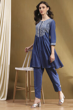 Indigo Cotton Printed Gathered Kurta Set image number 0
