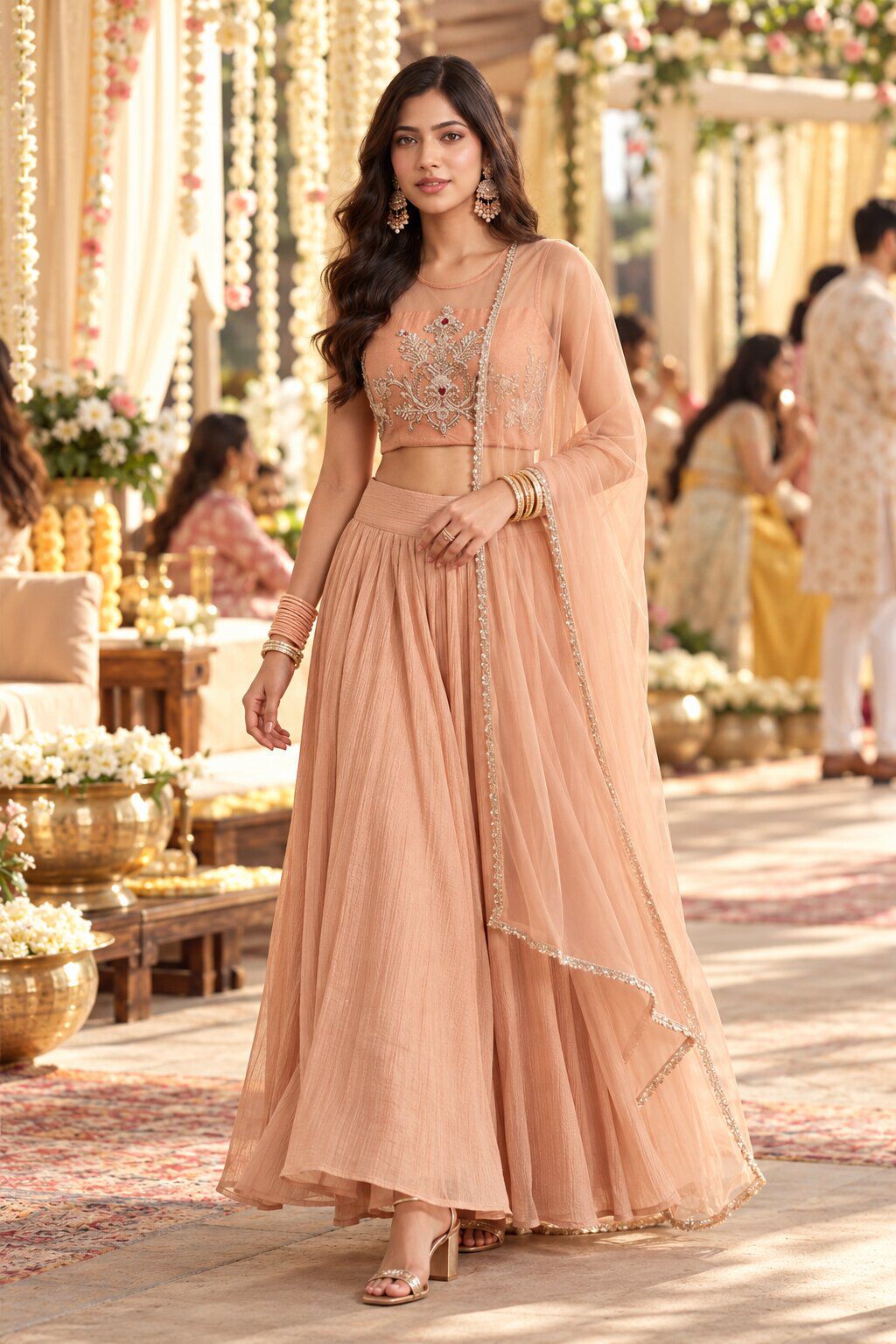 Peach Nylon Embroidered Lehenga Set with Net Dupatta image number 0