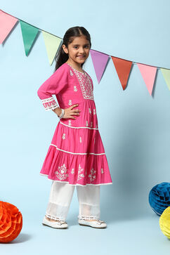 Fuschia Cotton Tiered Kurta Straight Palazzo 2 Piece Set image number 5