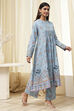 Dull Blue Cotton Flared Printed Kurta Set image number 5