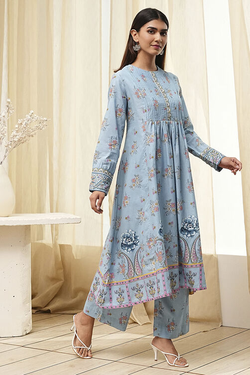 Dull Blue Cotton Flared Printed Kurta Set image number 5