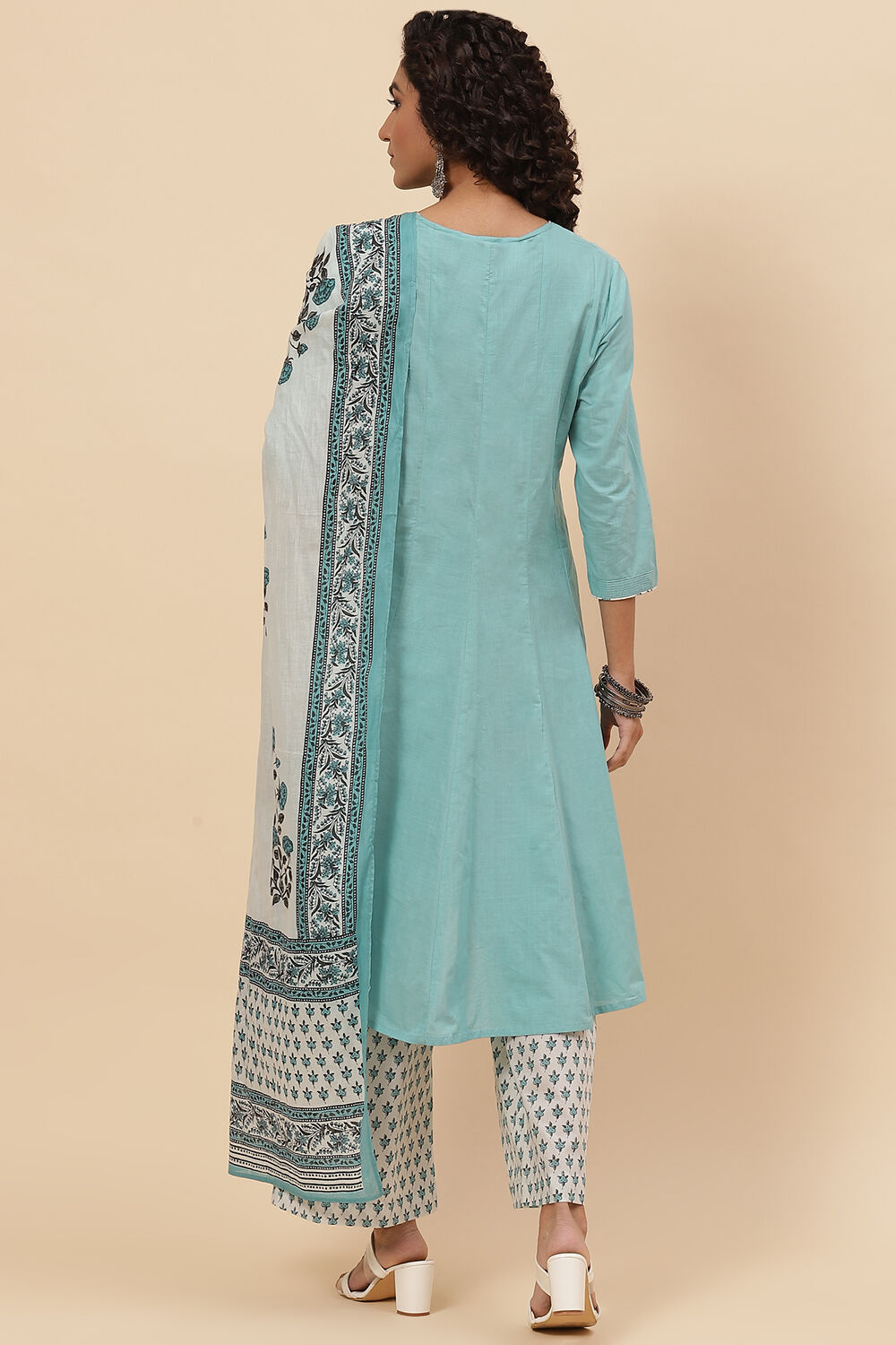 Turquoise Cotton A-Line Kurta Palazzo Suit Set image number 4